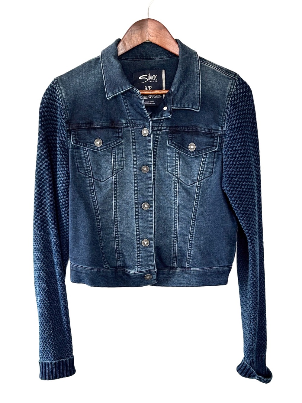 Silver Jeans Blue Cropped Jean Jacket with Pointed Collar